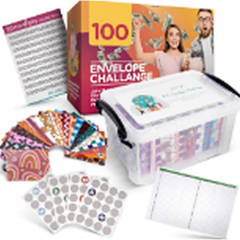 Version A main image: the full money-saving challenge kit with box, envelopes, stickers and tracker