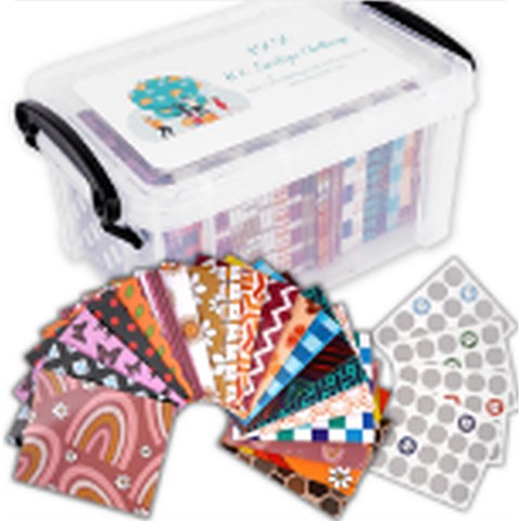 Version B main image: the storage box with the patterned envelopes fanned out in front and the sticker sheets beside them